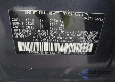 2015 Subaru Legacy 2.5I Limited from USA, damaged, VIN 4S3BNAN64F3061470